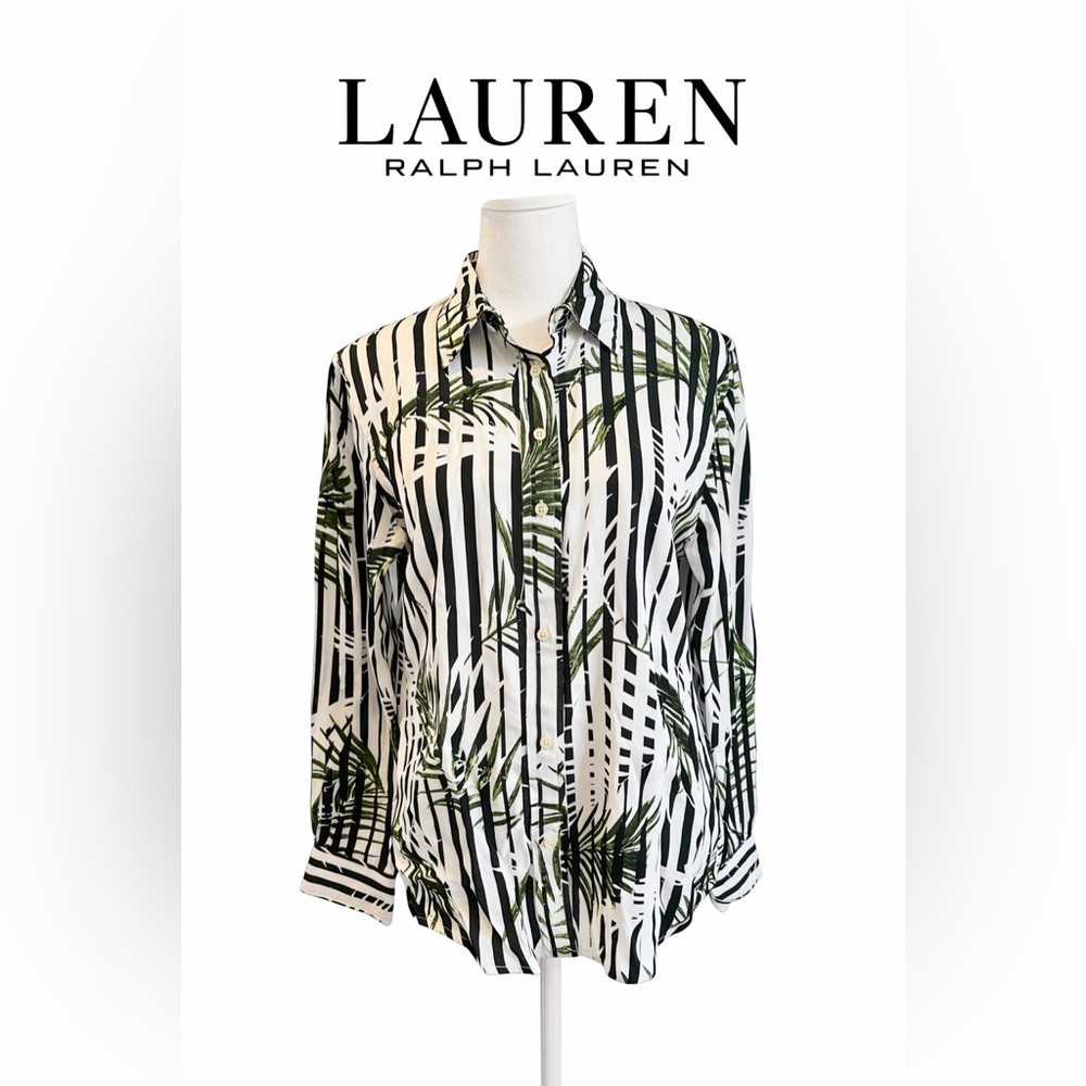 Ralph Lauren Black and White Striped Shirt with Green Leaf Design